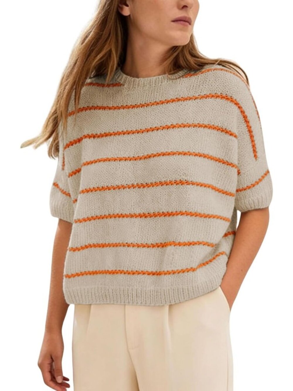 Cropped Lightweight Knit Sweater Top for Women - Short Sleeve Striped Design